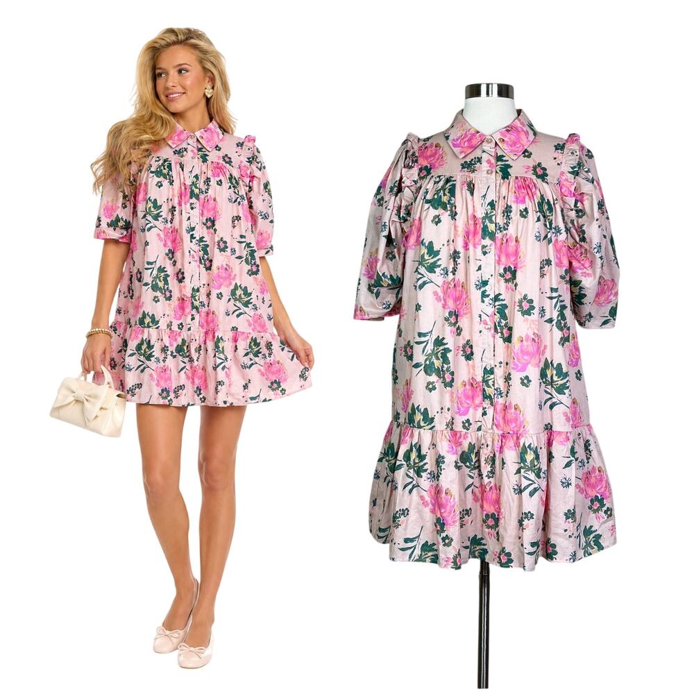 Entro | Floral Pink Collared Ruffle Puff Sleeve Cottagecore Cotton Mini Dress M